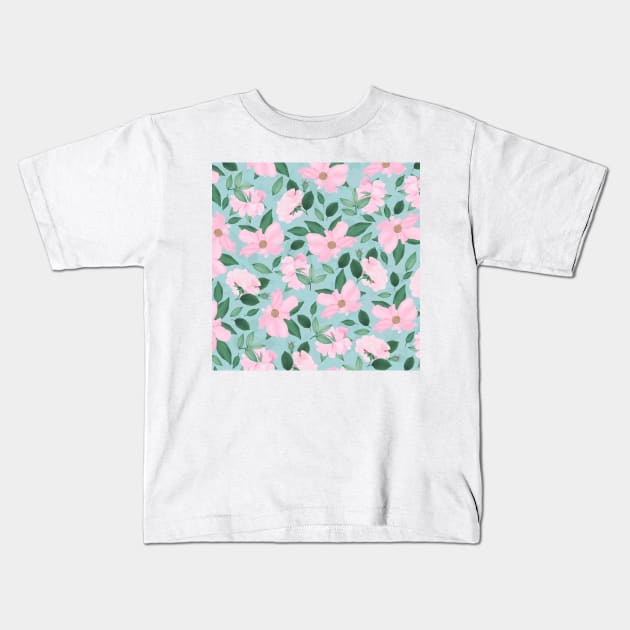 Pink Roses Floral Painting Powder Blue Kids T-Shirt by NdesignTrend